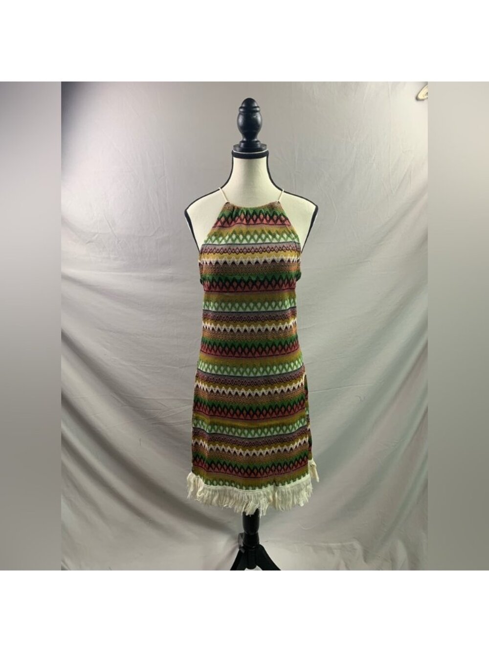 Green Boho Halter Chevron Print Fringe Hem Dress - Picture 6 of 7